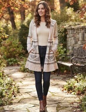 Mudd Beige Pink Tan Long Cardigan Duster Hood Sweater Women Sz M Boho Hippiecore